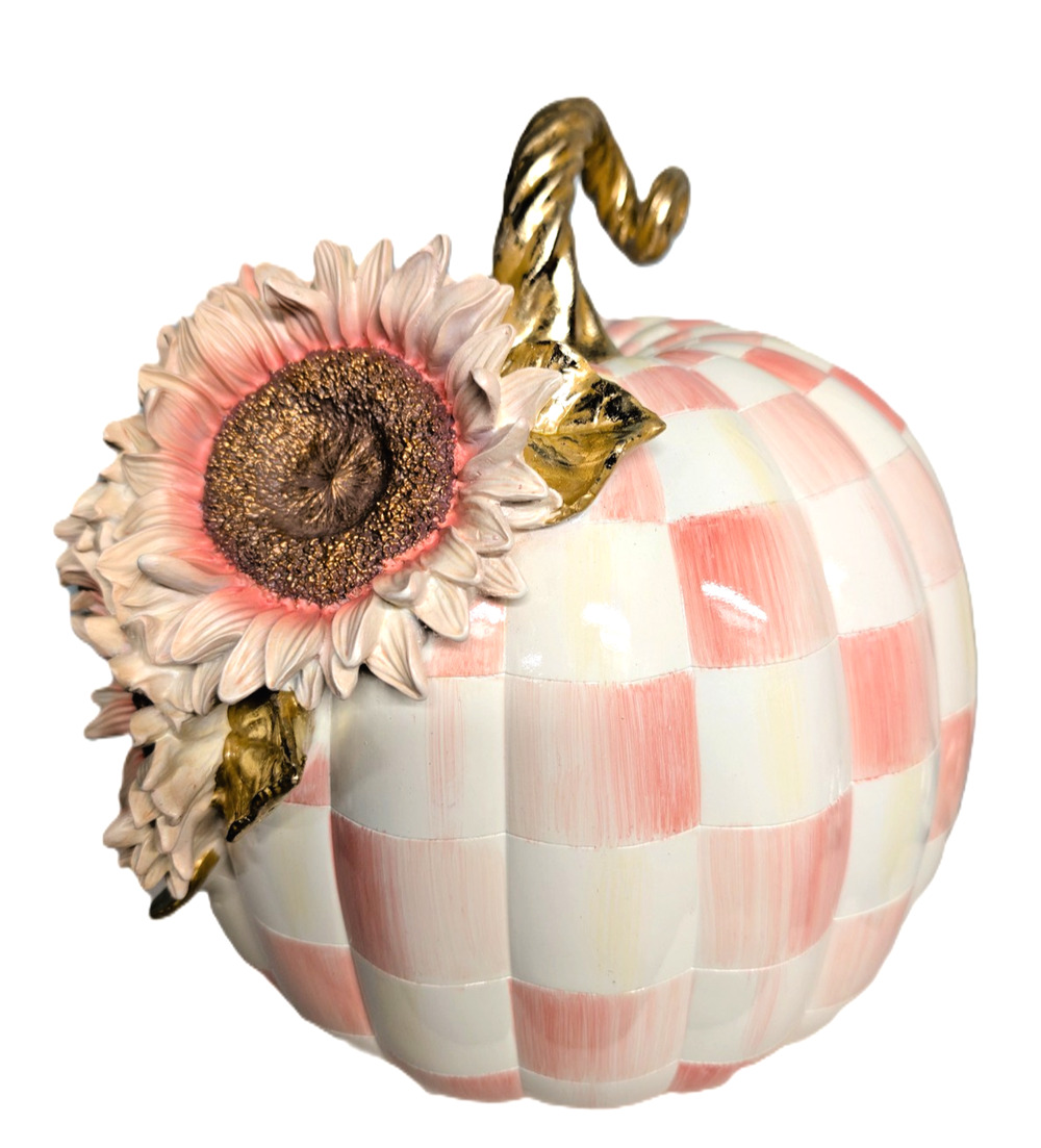 MacKenzie Childs Rosy Check Pumpkin Pink Sunflower - 13" Large, Gold Accents